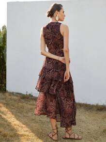 Aveloria Modichic Elegant Boho Ruffled Round Hollow Tiered Maxi Dress, Paisley Chiffon Dress, Spring/Summer Vacation Dark Purple - Multicolor - View 5
