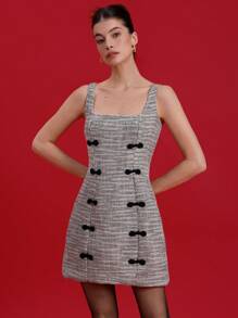 Aveloria Rosie 方领无袖连衣裙，纹理面料，双排撞色天鹅绒门襟，中国新年风格，女士短裙 - 彩色 - 查看 6