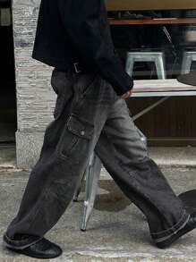 DAZY Men's Distressed Wide-Leg Cargo Jeans - Black - View 2