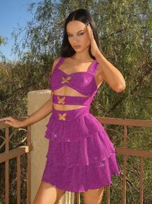 EgrlEra Vestido de fiesta corto para mujer con aplicaciones de mariposa brillante y diseño recortado - Rosa - Ver 1