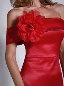 COSMINA 浪漫派对露肩中长连衣裙，带 3D 花朵装饰，红色，女士，春夏