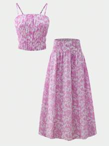 SHEIN Explorewe 2pcs/Set Teen Girls Floral Print Ruffle Camisole And Mini Skirt Casual Outfit, Spring Clothes - Multicolor - View 3