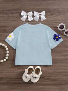 SHEIN 女宝宝短袖圆领T恤简约时尚休闲日常 - 藍色 - 查看 2