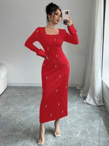 Elenzga Women's Beaded Contrast Color Long Sleeve Dress - Red - View 4