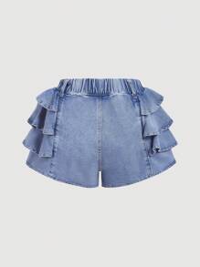 SHEIN MOD Women's Layered Ruffle Hem Casual Denim Shorts