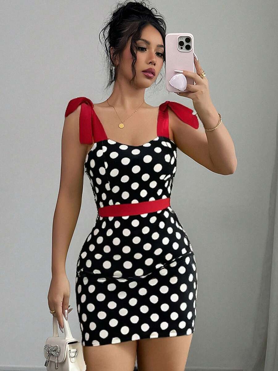 Rafferiza Đầm công sở trễ vai chấm bi buộc eo thanh lịch cho nữ - Nhiều màu - Xem 1
