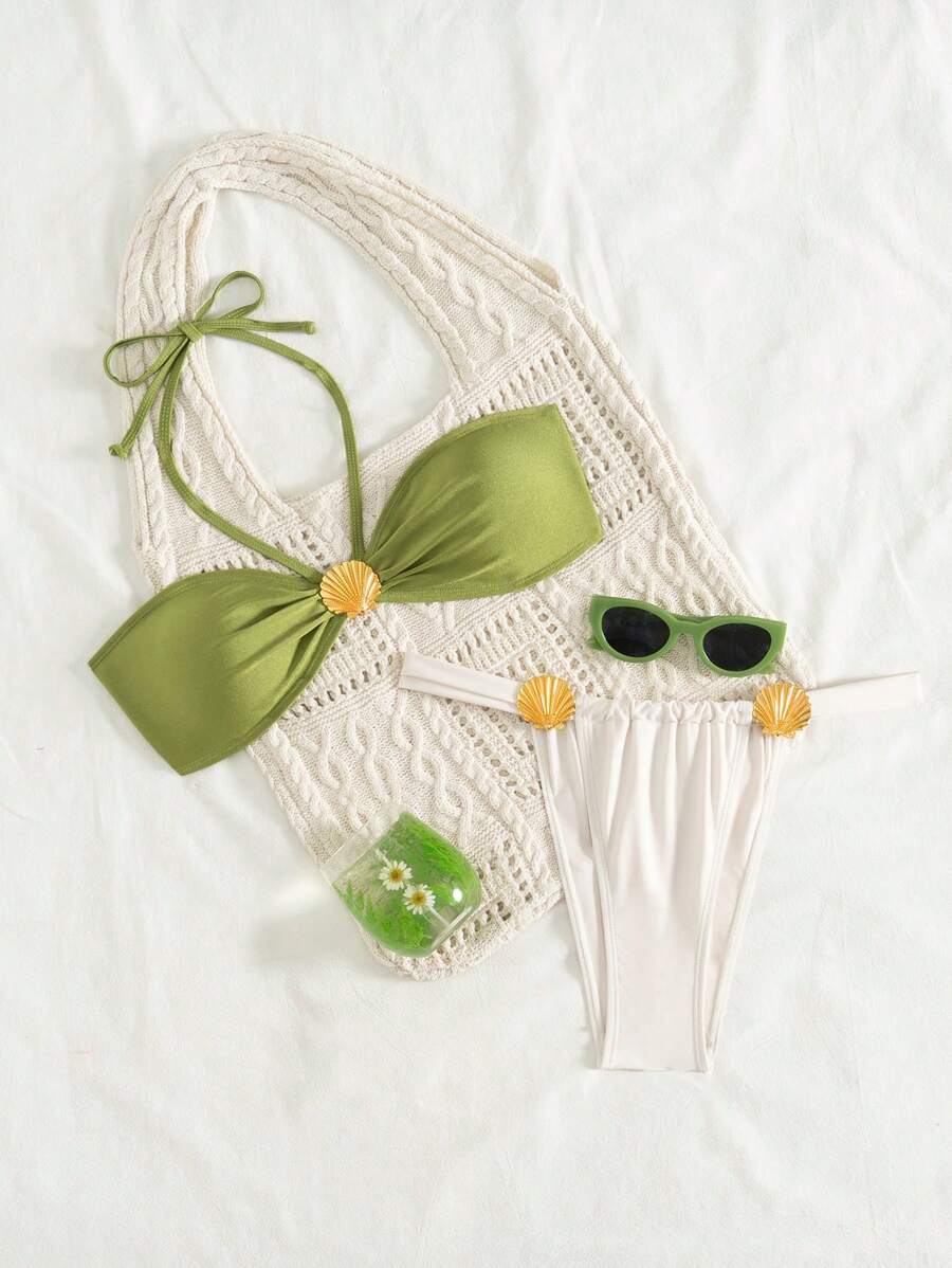 Swim Mod Conjunto de Maiô Bikini Halter Verde Mostarda e Bege para Mulheres, Top e Calcinha, Decoração de Conchas, Férias, Praia de Verão - Multicolorido - Visão 1