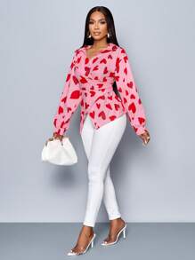 SOLERSUN 春夏秋季女装条纹印花纽扣前衬衫不对称下摆蝙蝠袖裹袖衬衫冬装优雅日常通勤外出情人节度假爱心图案休闲长袖上衣 - 粉色 - 查看 4