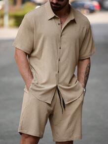 Manfinity Homme Men Plus Size Solid Front Button Short Sleeve Shirt And Shorts Set, Simple Design - Khaki - View 4