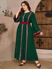 Al Najma 女士拼接宽松休闲连衣裙，圆领，喇叭袖，加大码，阿拉伯复古风格 - 綠色 - 查看 3