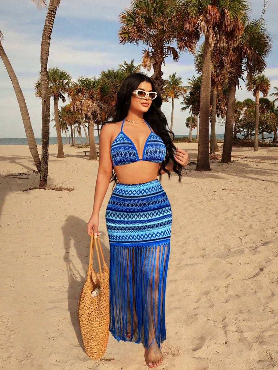 SHEIN SXY 夏季女士连衣裙 夏威夷海滩女士连衣裙 夏季套装 沙滩罩衫 海滩度假女士服装 - 藍色 - 查看 1