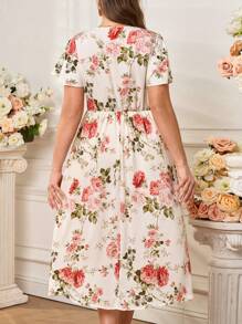 Reflora 女士浪漫花卉印花腰部喇叭中长连衣裙，大码优雅时尚春夏季女士夏装女士加大夏装女士连衣裙大码女士夏装女士优雅女士派对飘逸连衣裙女士连衣裙女士中长连衣裙，沙滩裙太阳裙，波西米亚风度假装 - 彩色 - 查看 4