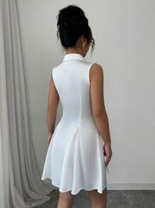 Elenzga 优雅高端纯色缎面衬衫领前开 A 字型无袖女式连衣裙，春夏