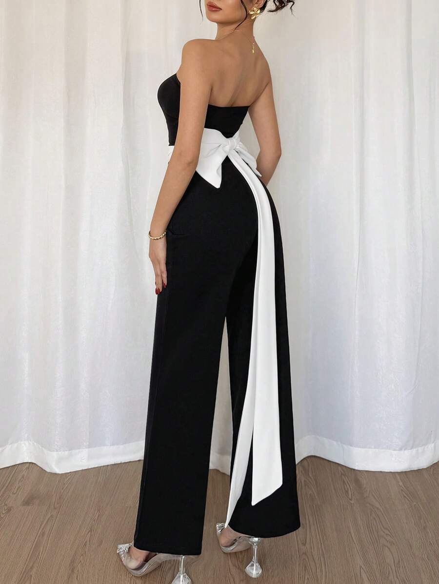 SHEIN Privé 女士优雅简约连体裤，腰部采用彩色块蝴蝶结装饰，适合派对穿着