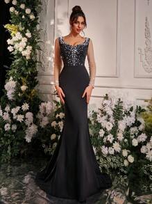 Glamrae Elegant Black V-Neck Long Sleeve Luxury 3D Rhinestone Handmade Beaded Sheer Mesh Backless Mermaid Tail Train Evening Gown,Party Dress,Formal,Wedding Guest