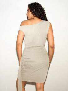 SHEIN Tall CURVE PLUS SIZE Women's Summer Solid Oblique-Shoulder Asymmetrically Ruched Bodycon Mini Dress With Draped Straps - Apricot - View 2