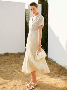 Aveloria Modichic 25 新款欧美时尚商务通勤优雅高端 V 领短袖西装领收腰雪纺拼接褶皱下摆中长连衣裙女春夏 - 杏色 - 查看 5