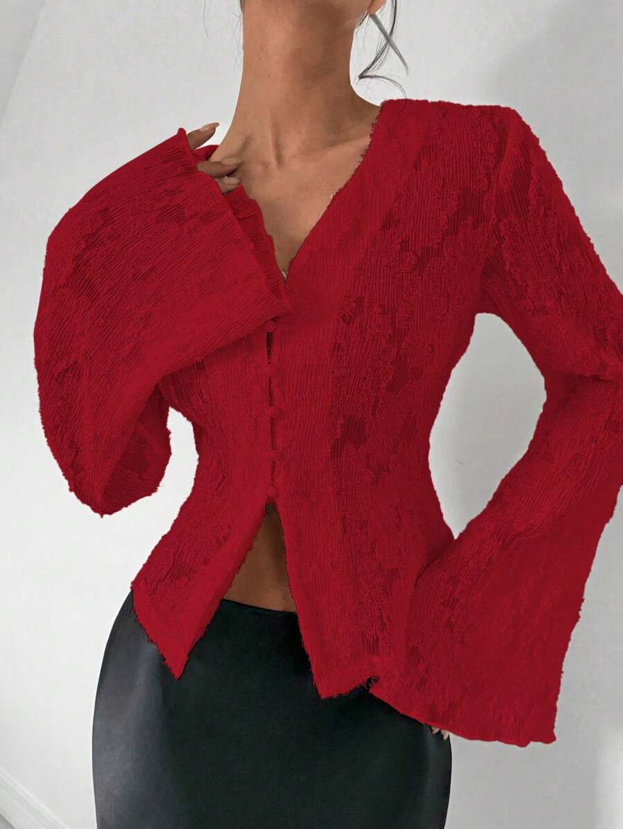 Almamuse 女士长袖简约休闲时尚浪漫性感蕾丝衬衫 - 紅色 - 查看 1