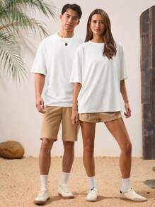 Manfinity VCAY Unisex Casual Jacquard Knit High-Stretch Loose Drop Shoulder Round Neck Short Sleeve Plain T-Shirt, Suitable For Everyday Wear