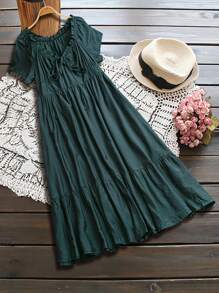 Linhara Plus Size Solid Dark Green Backless Bow, Ruffle Hem Dress - Cooling, Stress Relief Outfit, Evening Gown, Elegant Fashion Women Lounge, Summer Outfits For Women, St. Patrick's Day, Rave Outfits, Festival, Spring Break Outfits, Saint Patrick, Boho
