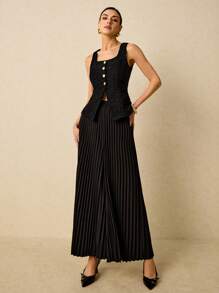Poéselle Conjunto elegante de 2 piezas para mujer, compuesto por un chaleco de cuello cuadrado de una sola hilera y una falda midi plisada