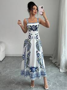 Elenzga Women Summer Placement Print Slip Dress - Blue and White - View 3