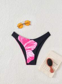 Swim Vcay Flower Print Bikini Bottom For Summer Beach Vacation - Black - View 3