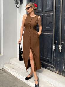 Pariaura Vestido elegante francés de un solo botonadura, unicolor, sin mangas, con cinturón para mujeres