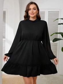 SHEIN Frenchy Plus Size Women's Tied Back Waist Patchwork Fabric Casual Black Dress - Black - View 4