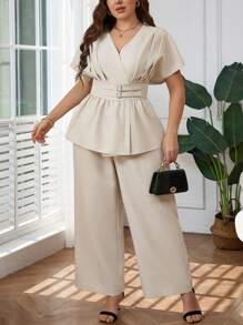 Firerie Plus Size Spring/Summer Comfortable Casual Elegant Daily Office Versatile Bamboo Knit V-Neck Top And Straight Leg Wide Pants 2 Pieces Set For Women