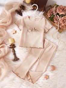 2pcs Baby Girls Simple Letter Graphic Top With Ruffle Hem & Casual Flared Pants Set, Home Outfit - Apricot - View 1