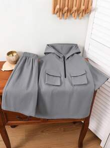 SHEIN Leap Crew 2pcs Tween Boy Korean Style Loose Casual Utility Pocket T-Shirt + Hooded Vest + Shorts 3-Piece Set, Suitable For Outings, School, Festivals, Parties, And Home Use, Spring And Summer