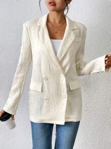 Chiquease Blazer de tela texturizada para mujer, blazer casual de doble botonadura y ornamental para mujer - Beis - Ver 8