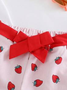 Cozy Pixies 2pcs/Set Young Girl Cartoon Strawberry Pattern Knit Soft Round Neck Short Sleeve Pullover Top And Elastic Waist Shorts - Multicolor - View 6