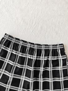 SHEIN Leap Crew Tween Girls Cute Panda Print Contrasting Raglan Sleeve Round Neck T-Shirt And Plaid Pattern Loose Flame Retardant Fabric 2Pcs Pajama Set - Black and White - View 4