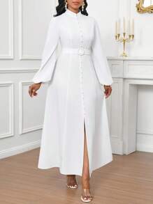 SHEIN Lady Women's Solid Color Stand Collar Lantern Sleeve Split Hem Casual Dress