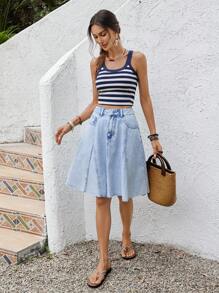 Vivid Eden 女式牛仔裙，休闲风格，及膝长度，蓝色 女式夏季服装 女式夏季服装 波西米亚风女式裙子 女式牛仔裙 度假服装 女式防晒裙 女式牛仔装 海滩波西米亚风女装 - 淺色水洗藍 - 查看 6