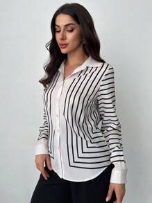 SHEIN Privé Ladies Spring Summer Elegant Romantic Fashion Commuter Sexy Fashion Office Black And White Striped Long Sleeve Shirt, Vacation Wear, Romantic Dating And Wedding Birthday Women's Clothing, Easter - Black and White - View 4