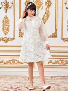 SHEIN Abito elegante da ragazza pre-adolescente con maniche a sbuffo, decorato con paillettes, ricami floreali 3D in organza e colletto decorato con fiocco, abito lungo da cerimonia con maniche lunghe - Bianco - Visualizzare 6