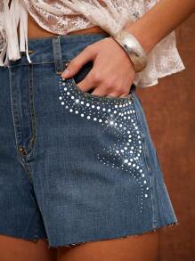 WESTFADE Mid Rise Mixed Metal Western Studded Fitted Denim Festival Shorts Nashville Style - Medium Wash - View 2