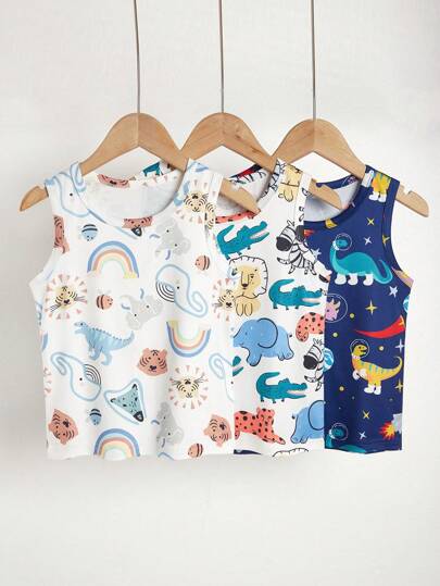 SHEIN 小男孩 3 件套舒适可爱动物印花图案无袖内衣背心，适合居家休闲穿着，可作为家居服或睡衣穿着。简约的设计风格让搭配变得轻松，让男孩在家中散发时尚和活力。弹力透气的针织面料，可机洗，舒适贴合，易于护理