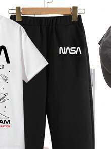 SHEIN Leap Crew Tween Boy Casual Simple Astronaut Pattern Short-Sleeved Trousers Two Pieces Suit Suitable For Summer - Black and White - View 4