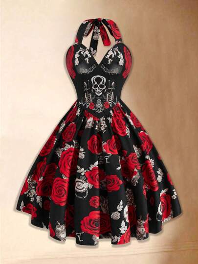 EMERY ROSE Plus Size Dark-Tone Floral Print Bodycon Halter Neck Dress For Summer