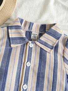 SHEIN Vintaside Kids Baby Boy Casual Outfit Set: Collared Short Sleeve Striped Shirt With Washed Denim Shorts, Suitable For Spring/Summer Wear, Home, Vacation, Gathering, Providing Comfortable And Fashionable Look - Multicolor - View 6