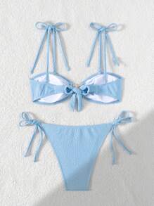 Swim Mod Women Cute Flower Tie-Up Special Fabric Swimwear Bikini Set, For Summer Beach Vacation - Blue - View 2