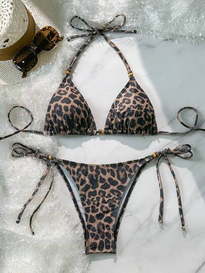 Soleia 2 件套度假女士豹纹拼色系带串珠装饰比基尼套装，适合夏季海滩