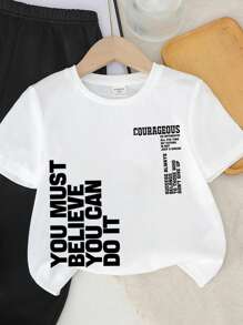 SHEIN 小男孩休闲简约字母印花圆领短袖上衣和裤子两件套 - 彩色 - 查看 4