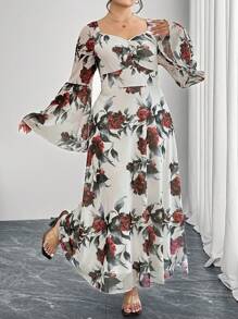 Modelyn Plus Size Elegant Floral Print Flare Sleeve Midi Dress - Multicolor - View 6