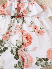 SHEIN 女婴夏季假日休闲花卉荷叶边挂脖连体衣，轻盈 - 彩色 - 查看 3