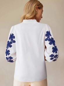 SHEIN Clasi Camicia donna a maniche lunghe con bottoni, con stampa floreale e rifiniture arricciate, adatta per vacanze